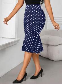 SHEIN Lady Falda de mujer con estampado de lunares negros, elegante para fiestas casuales de todos los días, uso en cuatro estaciones, falda de oficina - Azul Marino - Ver 1