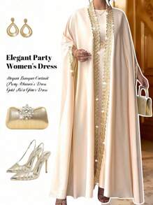 Elenzga 2 件套大码女士大码薄夹克和极简主义连衣裙，带金色花卉装饰，6 月上市 - 杏色 - 查看 3