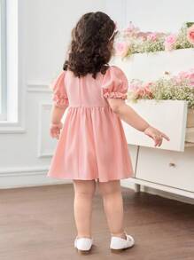 Robe ajustée à manches bouffantes de couleur unie pour bébé fille - Rose bonbon - Voir 2