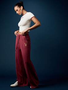 Missguided x Playboy 慢跑运动裤，带侧袋，松紧腰，阔腿喇叭裤，复古高腰休闲秋冬家居服运动裤 - 酒紅色 - 查看 6