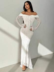 SHEIN PETITE فستان أنيق بأكمام طويلة من الدانتيل مع ربطة أمامية، بلون أحادي وأكتاف مكشوفة للنساء - الأسود - مشاهدة 5