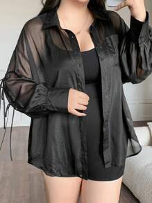 Dazy Plus Blusa transparente de manga larga con cuello, mangas farol sueltas, con lazo delantero y diseño hueco para el otoño - Negro - Ver 5