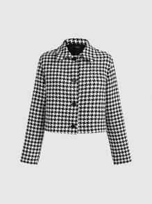 SHEIN MOD 女士长袖单排扣优雅黑白千鸟格大衣（秋冬） - 黑與白 - 查看 1