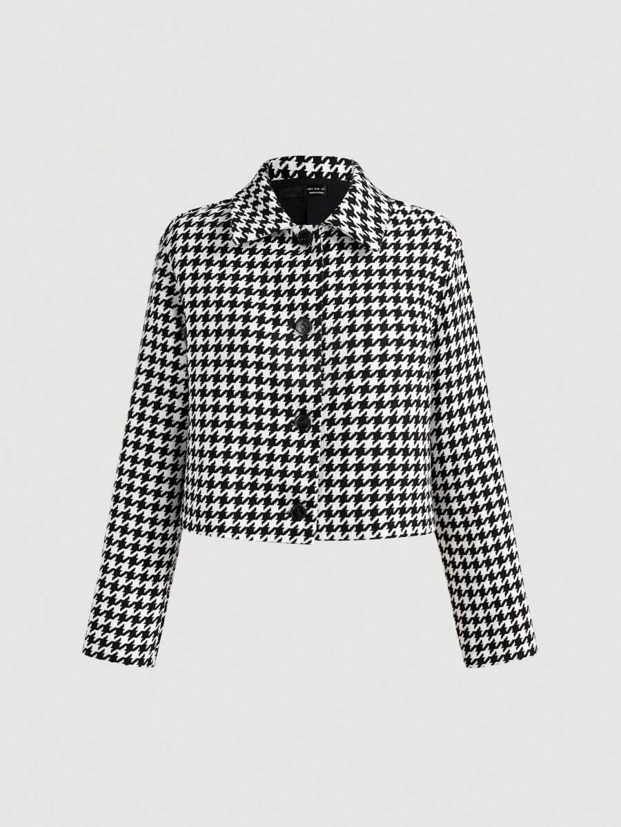 SHEIN MOD 女士长袖单排扣优雅黑白千鸟格大衣（秋冬） - 黑與白 - 查看 1
