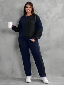 EURMUSE Sudadera y pantalón de chándal con bloqueo de color y gráfico de letra de algodón - Azul Marino - Ver 4