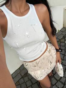 Siren Gaze Femmes Nouveau débardeur de mode d'été à col rond, couleur unie, orné de strass