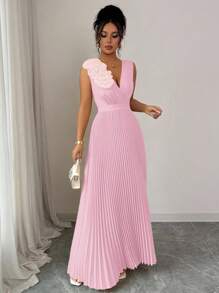 Elenzga Summer Cream Yellow V-Neck Waist Cinched Floral Patchwork Elegant A-Line Dress For Women