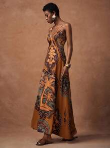 Zivah 春夏新品 音乐节、复活节、西部风、游牧风、生日派对、毕业典礼、学生装、日常休闲、基础百搭、休闲、邮轮旅行、海滩、日光浴、时尚、极简休闲、街头风、V 领水滴印花长裙、棕色大地色调 - 棕色 - 查看 6