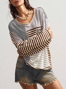 Bohemela Boho Women's Vintage Casual Knit Striped Patchwork Round Neck Long Sleeve Loose T-Shirt, Vintage Western Country Style Concert Vacation, Going Out, Back To School, Suitable For Autumn/Winter,Fall
