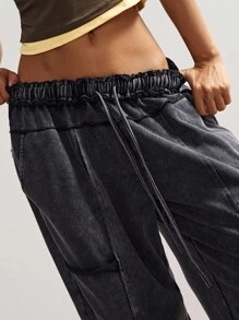 Bohemela Women's Casual Solid Color Knit Loose Drawstring Sweatpants - Black - View 4