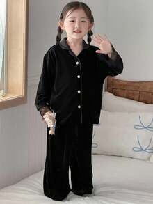 DAZY Young Girl Lace Patchwork Long Sleeve & Long Pants Pajama Set Fall,Winter - Black - View 2