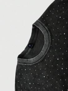 ROMWE MEN Street Life Unisex Rhinestone Effect American Street Style Crew Neck Pullover Sweatshirt - Black - View 5