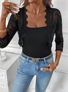 SHEIN Clasi Women's Open Front Lace See-Through Lightweight Jacket, Spring & Summer, Black Lace Shrug In Fall/Winter - Black - View 6