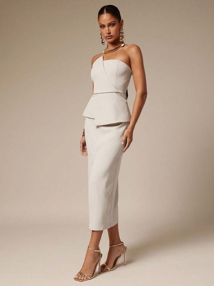 Silquee طقم ملابس علوية بانديو أحادية اللون ذات حافة غير متماثلة وتنورة قصيرة ذات شق في الحافة للنساء - كاكي - مشاهدة 3