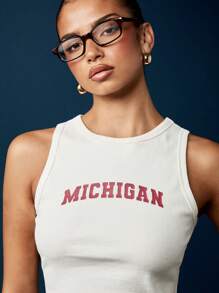 MISSGUIDED Michigan University Ribbed Tank Top Sleeveless College Tank Top Summer Campus Wear Fitted Crop Top Athleisure Basic White Varsity - White - View 3