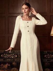 ZEYLAH Đầm dài tay eo đuôi cá cổ vuông xếp nếp nơ - Màu be - Xem 6