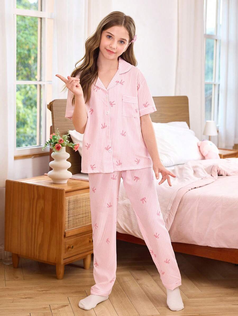 粉色心形条纹荷叶边领短袖和裤子女童睡衣套装 - 淺粉色 - 查看 1