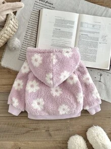 SHEIN 女婴休闲可爱双面花卉羊毛连帽夹克，长袖拉链外套，秋冬 - 粉色 - 查看 2