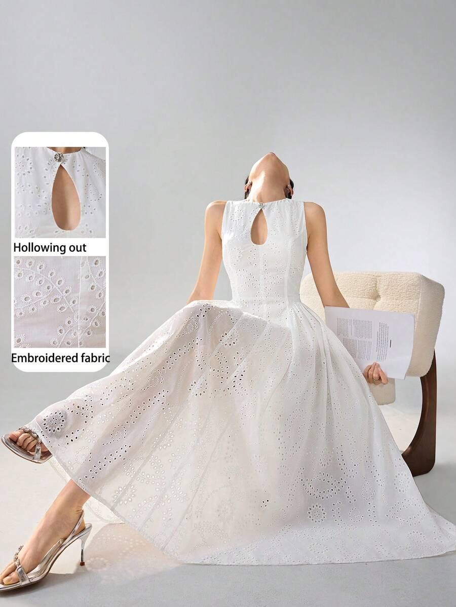 Heiryn Đầm dài thêu rỗng màu trơn thanh lịch cho nữ - trắng - Xem 1