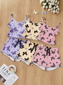 SHEIN Conjunto de pijama informal de 3 piezas con estampado de mariposas, pantalones cortos y tirantes