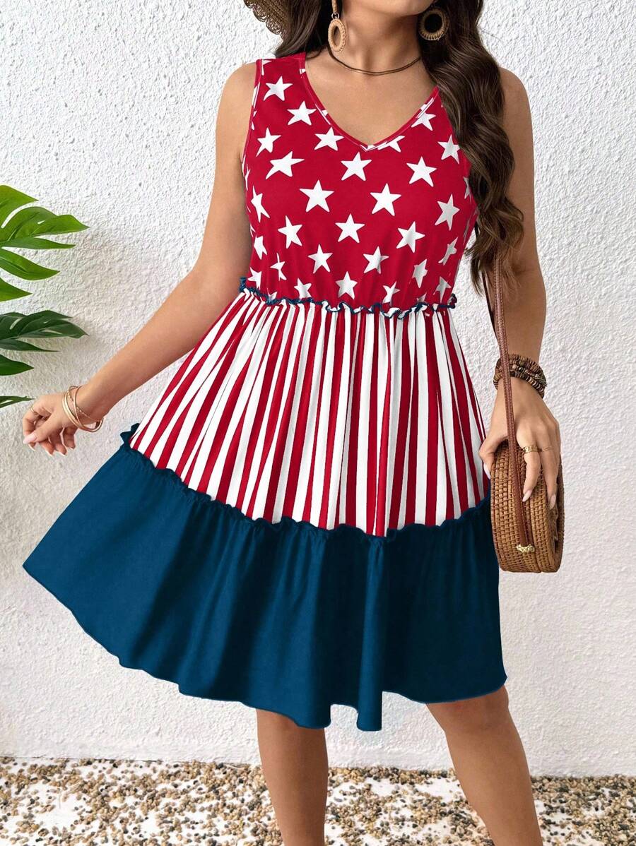 EMERY ROSE Gaun Midi Wanita Leher V Motif Bendera, Gaun Musim Semi untuk Klub, Pakaian Musim Panas Wanita, Gaun Santai - MultiWarna - View 1