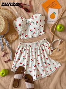 2 件套青少年女孩樱桃印花紧身短款上衣和宽松松紧腰休闲短裤套装，度假夏季服装 - 杏色 - 查看 5