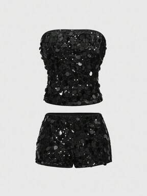 Grunge Punk 2pcs Women Sequin Patchwork Bandeau Top And Mini Skirt Set