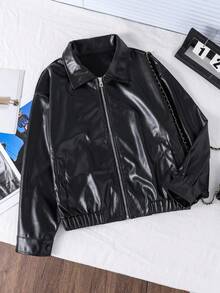 Girls' Turndown Collar Zipper Casual Cool Jacket, Suitable For Outings, Vacations, And Back To School Fall Winter - Black - View 4