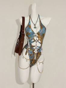 SHEIN ICON 交叉带链条装饰复古佩斯利印花露背吊带紧身衣