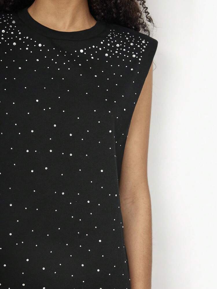 SHEIN Maija Women's Black Summer Casual Rhinestone Decor Round Neck Padded Shoulder Tank Tops, Loose Sleeveless Fashion Top For Urban Party Music Festival