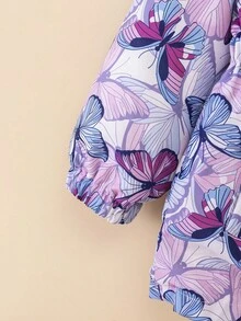 SHEIN Girls' Butterfly Print Fleece Collar Jacket, Waisted Slim Fit Casual Versatile Coat, Winter Girls Winter Coats Girls Butterfly Jacket Toddler Girl Winter Coat Kids Winter Jacket Baby Girl Winter Coat Fall - Purple - View 4