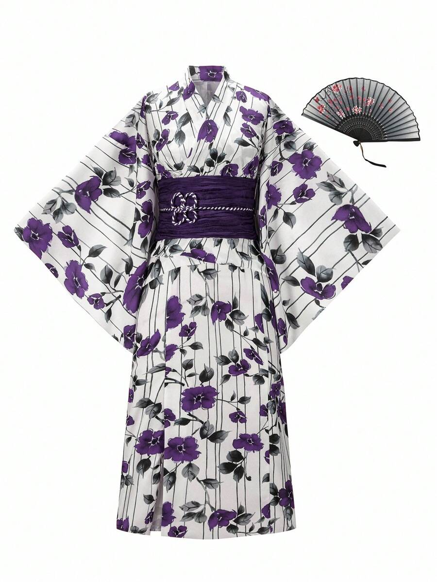 Irokai Japanese Women's Traditional Floral Print Kimono Yukata, Summer Festival