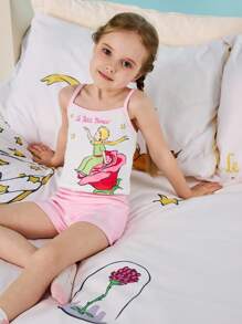 LE PETIT PRINCE X SHEIN 4pcs Young Girl White & Pink Cute Cartoon Rose And Star Print Summer Allover Print Camisole Top & Boxy Panty Set,Kawaii,Sweet,Soft & Comfortable - Pink - View 4
