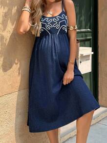 SHEIN Maternity Embroidered Casual Sleeveless Denim Dress For Summer, Spring/Autumn,Only Cute Summer Holiday Elegant Vacation Romantic Curve Farmhouse - Blue - View 5