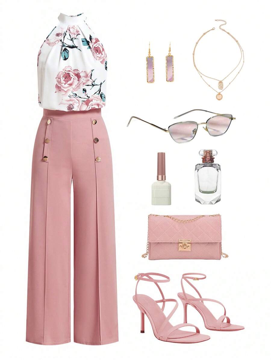 Ellevyn 女式花卉印花露背背心和裤子两件套休闲套装，夏季两件套女士粉色商务休闲女装女士办公室服装商务女装西方女装 Palazzo 女士机场服装教师女士教师服装女士教师服装女士教师服装女士夏季服装女士度假两件套西方女装职业女性服装女士商务休闲办公室服装粉色