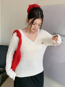Dazy Plus Women Plus Fall Cartoon Dachshund Dog Embroidery V-Neck Cable Knit Slim Fit Long Sleeve Pullover Sweater, Spring/Autumn - Camel - View 14