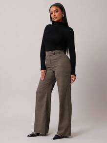 SHEIN SXY Quần ống đứng kẻ caro mới thu đông cho nữ cỡ lớn - màu nâu - Xem 6