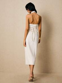 Poéselle Ivory Tweed Halter Midi Dress With Gold Rose Buttons | Elegant Column,Tweed Midi Dress, Halter Neck Dress, Bodycon Dress, Gold Button Dress, Quiet Luxury Style,Women's Elegant Front Button Backless Bodycon Dress, Summer,Suitable For Daily Wear, Going Out, Commuting, Dating, Weddings, Parties, Vacations And Other Occasions,Fall Women Clothes White Dresses Classy Elegant - White - View 3