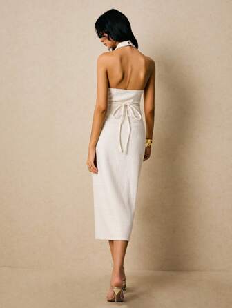 Poéselle Elegant damklänning med knappar framtill och rygglös bodycon, sommar