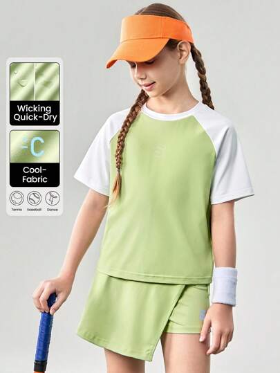 JNSQ 重返校园青少年女孩户外运动短袖上衣，儿童趣味字母和数字印花拼色户外运动短袖 T 恤