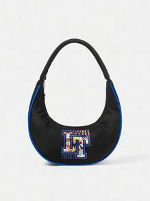 LOONEY TUNES X SHEIN 女士时尚个性化街头风格酷炫学院风黑色卡通字母图案单肩包 - 黑色 - 查看 4