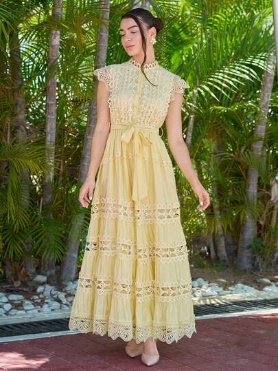 Andrea Bello 黄色优雅腰部荷叶边拼接盖袖连衣裙，适合夏季海滩度假休闲装