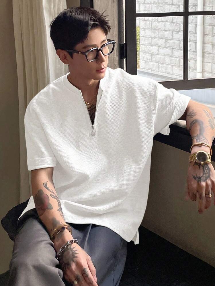 Men's Solid Color 1/3 Zip Collar Textured Fabric T-Shirt, Summer