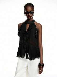 LYSMO 2025新款黑色荷叶边雪纺露背上衣搭配领带——波西米亚夏季风格 - 黑色 - 查看 6