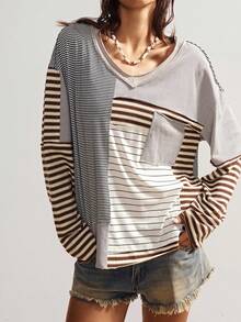 Bohemela Boho Women's Vintage Casual Knit Striped Patchwork Round Neck Long Sleeve Loose T-Shirt, Vintage Western Country Style Concert Vacation, Going Out, Back To School, Suitable For Autumn/Winter,Fall