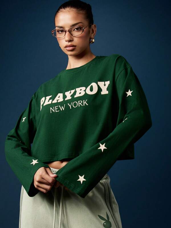 Missguided x Playboy Felpa con stampa retrò a stelle, manica lunga, stile college, crop top, design classico con testo universitario, abbigliamento casual e sportivo, estetica campus