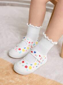 Cozy Pixies 1 双女童彩色花朵帆布魔术贴鞋，甜美可爱，舒适透气平底鞋，适合日常休闲穿着，四季皆宜 - 白色 - 查看 2