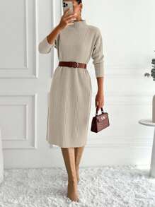 EURMUSE Women's Casual Solid Color Stand Collar Knit Dress, Autumn/Winter,Petite - Beige - View 1