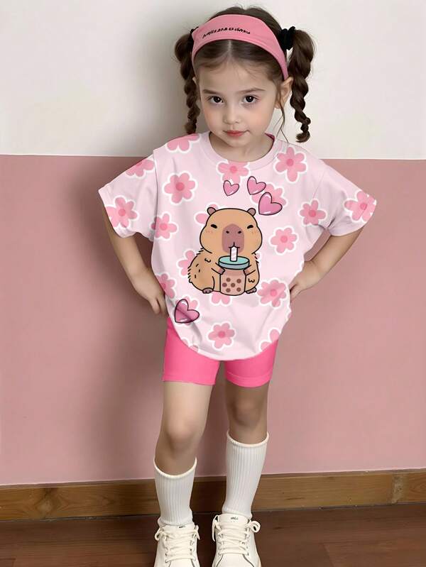 Young Girl' Creative Heart & Flower Patterned Casual T-Shirt And Shorts Outfit