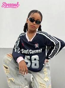 Tween Girl Navy Blue And White Number Print Sweatshirt,Autumn Casual School Back-To-School Long Sleeve T-Shirt,Vibrant Color Contrast Numeric Design - Royal Blue - View 4